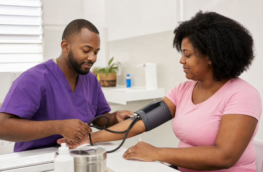 Mulher negra aferindo a pressão arterial em consulta preventiva