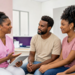 Mulher negra lendo informações confiáveis sobre saúde em casa