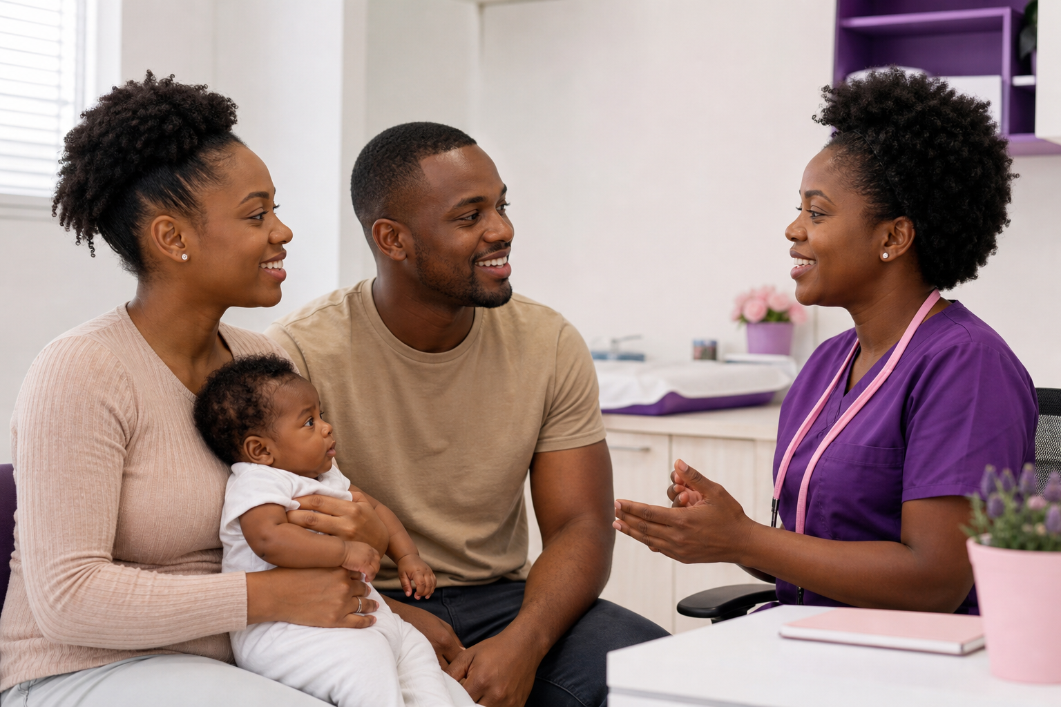 Família negra recebendo orientação sobre o teste do pezinho